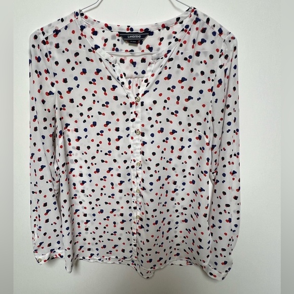 LANDS’END BANDED COLLAR BUTTON FRONT RED WHITE & BLUE TOP  -  SIZE 10 - Picture 1 of 6